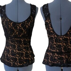 Vtg Angie Black Tan Floral Lace Overlay Sleeveless Babydoll Top Y2K Whimsigoth S